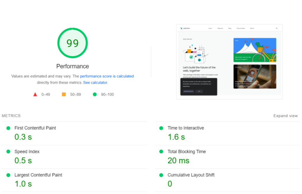 PageSpeed Insights of web.dev